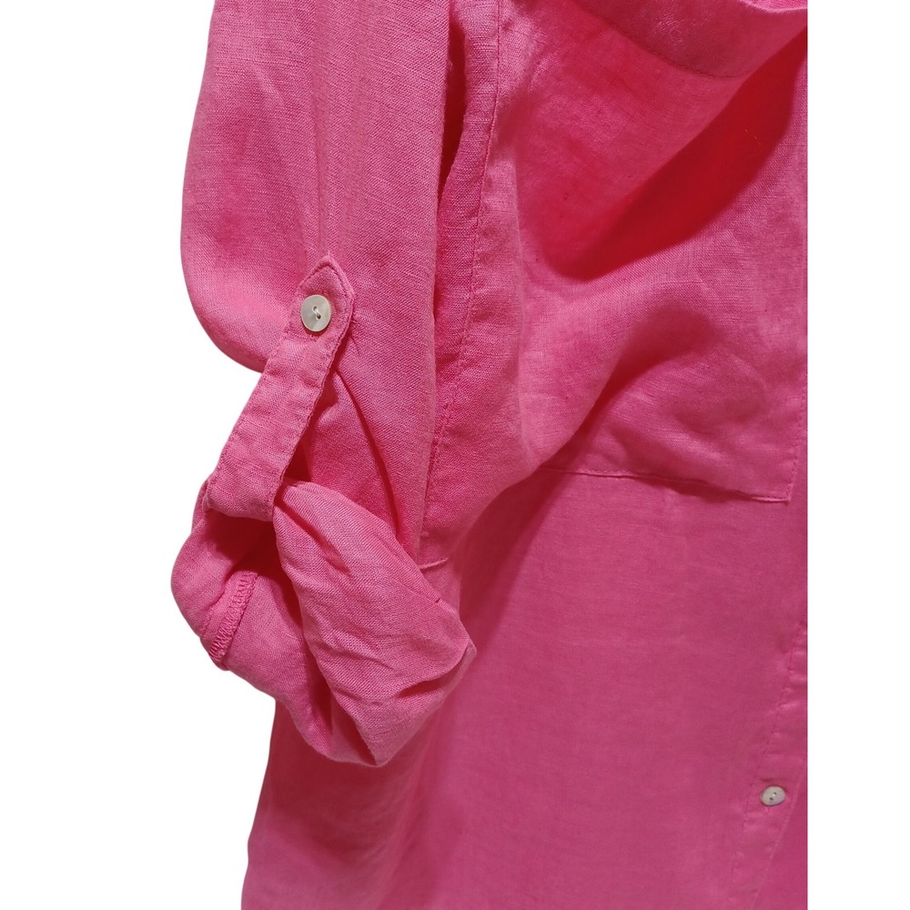 Magaschoni Womens XS Pink Shirt 100% Linen Roll Tab Sleeve Resort Vacation‎ Luxe - Picture 2 of 6